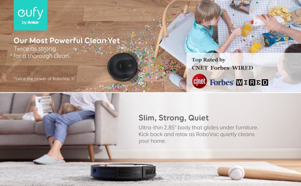Vista frontal del robot aspirador eufy 11S MAX en color negro, resaltando su diseño súper delgado que permite un acceso fácil debajo de muebles. La imagen muestra el elegante acabado en negro, destacando la simplicidad y modernidad de su aspecto."