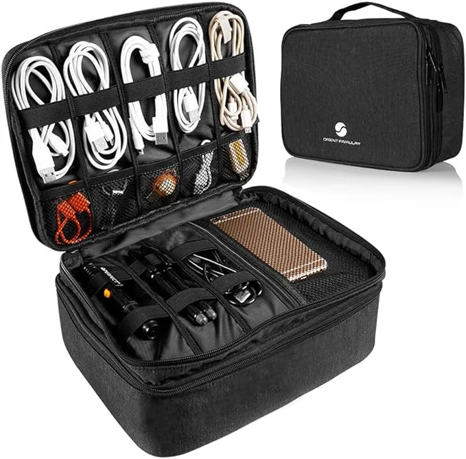 Bolsa organizadora de electrónica de viaje impermeable, regalo económico, doble capa, color negro, compatible con accesorios y tabletas de hasta 11 pulgadas.​

