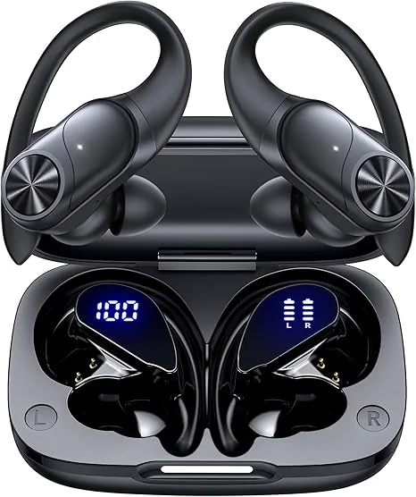Auriculares Bluetooth inalámbricos PocBuds con 80 horas de reproducción, estuche de carga inalámbrica, pantalla digital LED, gancho para la oreja y resistencia al agua IPX7.​

